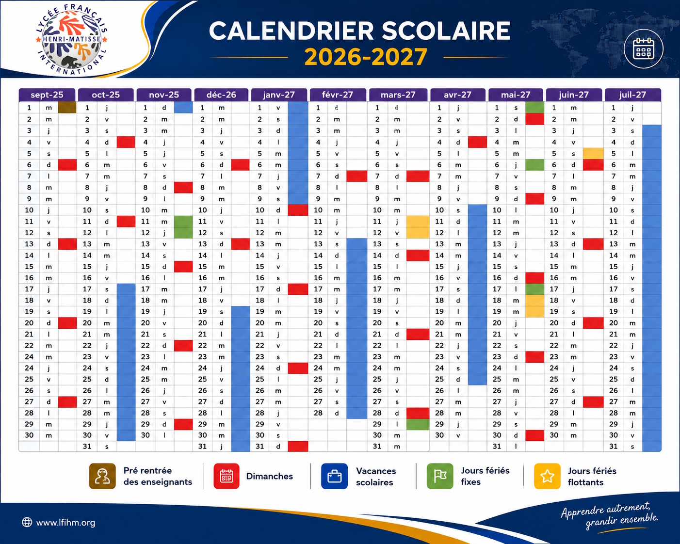 Calendrier scolaire 2026-2027