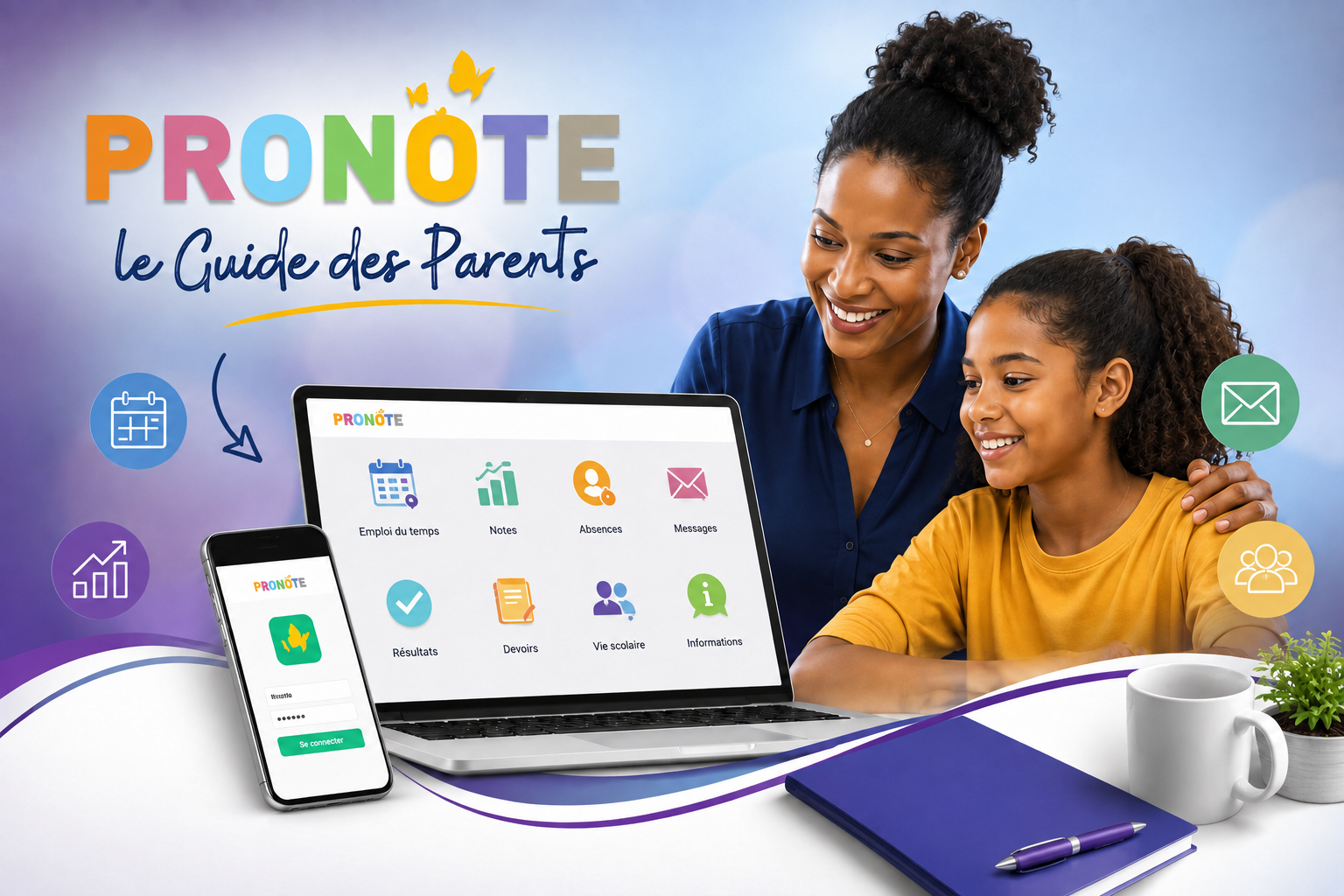 Un parent et un élève utilisant leur espace scolaire sécurisé sur un ordinateur et un téléphone