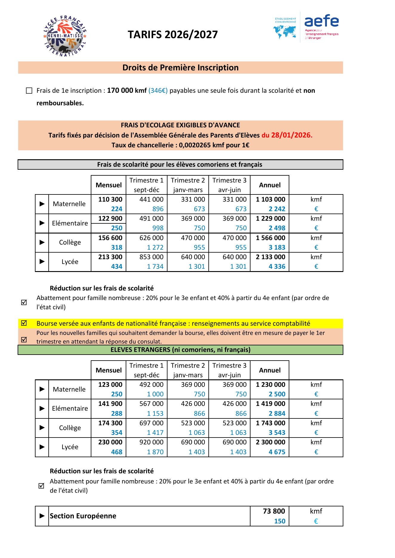 Aperçu de la première page de la grille tarifaire 2026–2027 du LFIHM